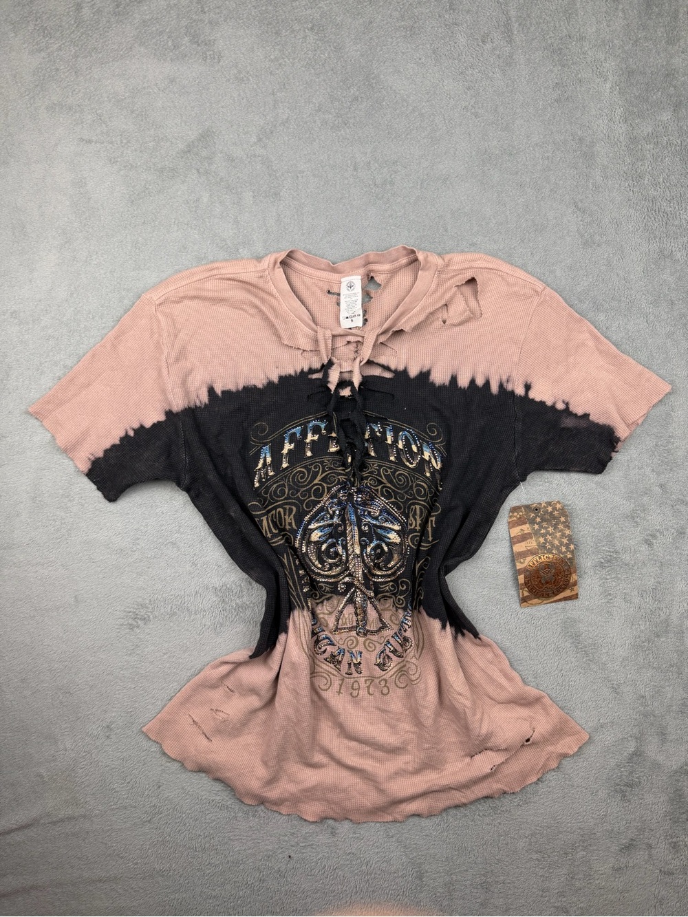 Affliction Pink & Black Lace-Up Skull Graphic Short Sleeve Tee